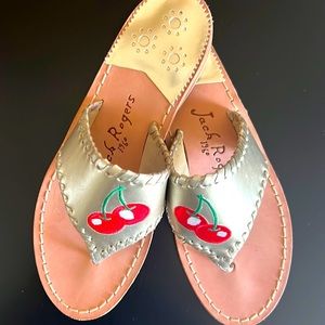 “Jack Rogers 1960” Champagne  Gold Cherry Embroidered Classic Sandals- size 7